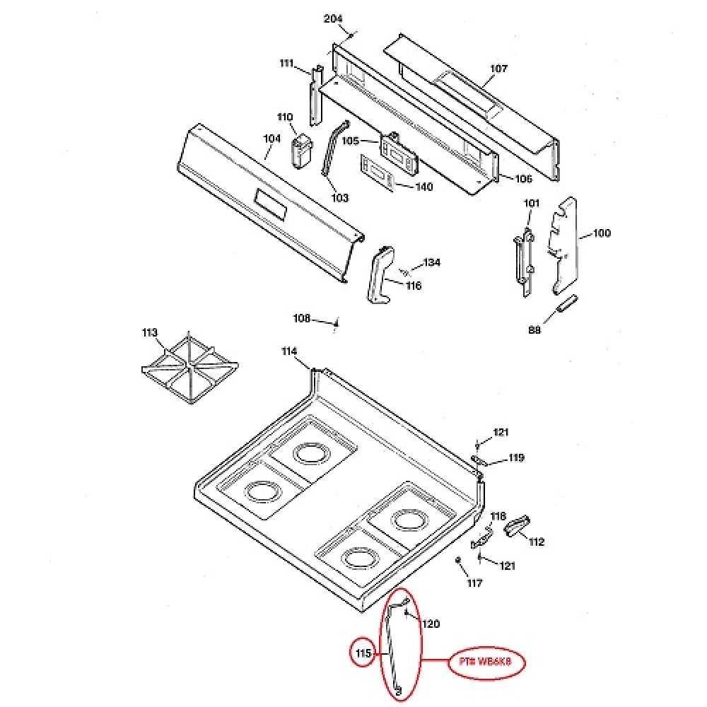 WB6K8 GE Oven Range Cooktop Top Support Rod WB06K0008